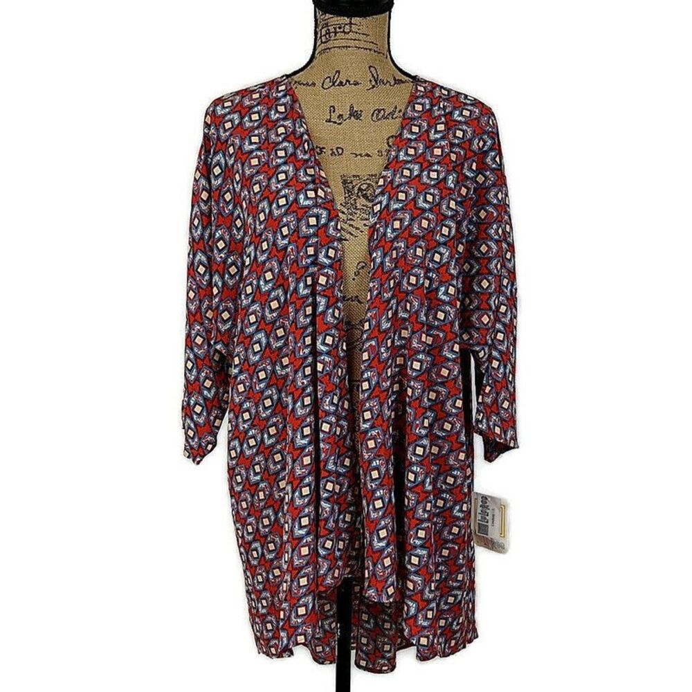NWT LulaRoe Womens L Lindsay Cardigan Red Blue Geometric Open Front 3/4 Sleeve